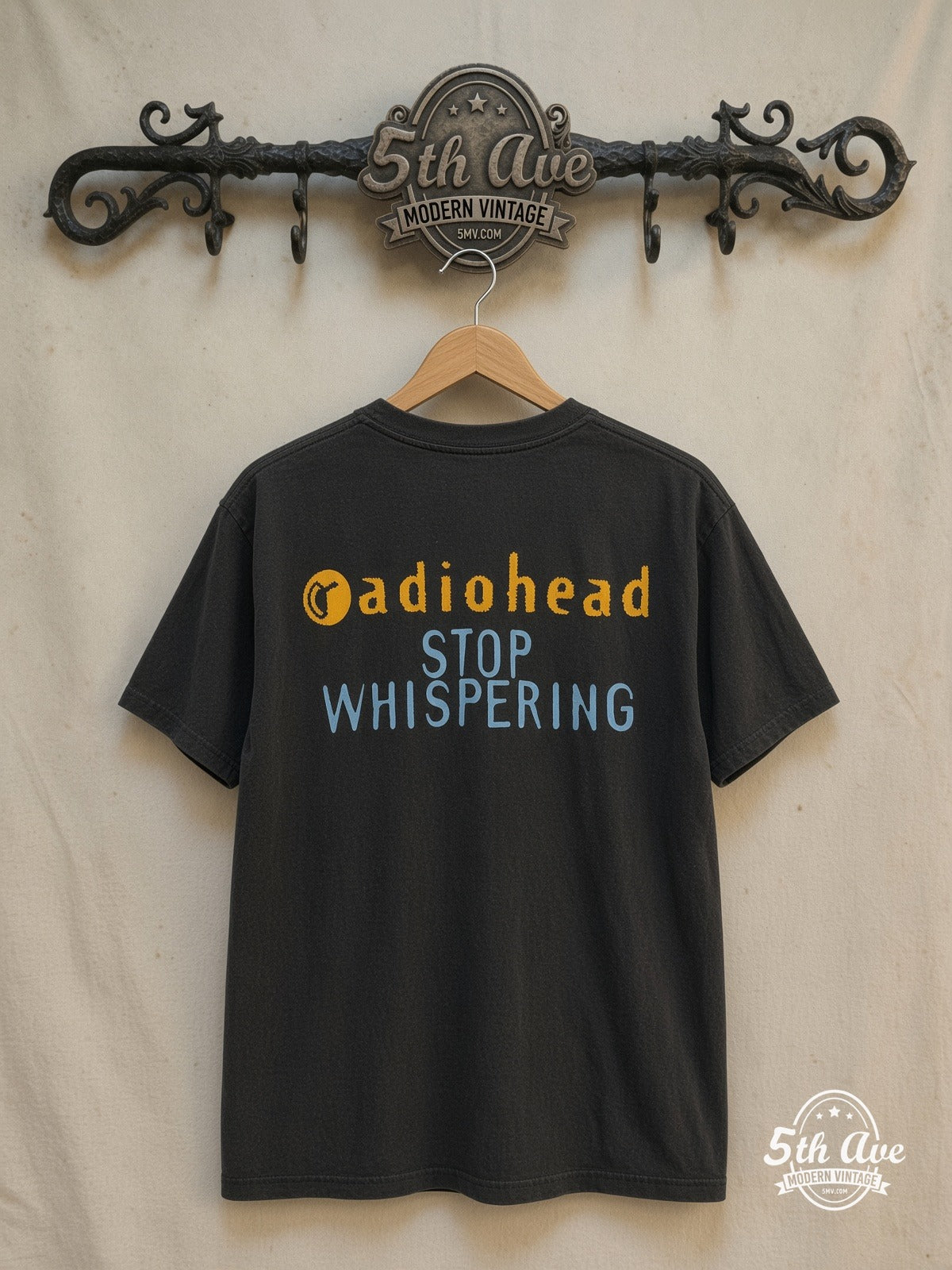 Radiohead – Stop Whispering – Vintage Band T-Shirt — back on locked cream ornate 5th Ave rack