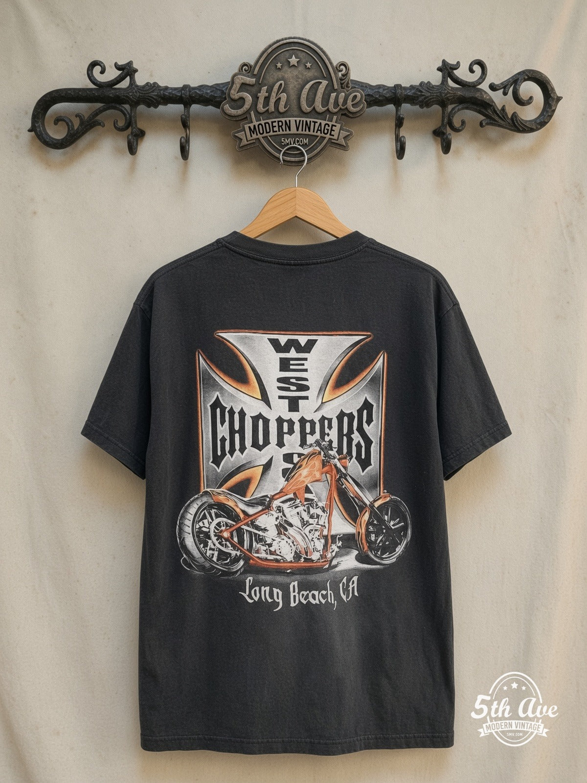 West Coast Choppers – Long Beach Orange Chopper Iron Cross – Vintage Graphic Tee — back on locked cream ornate 5th Ave rack