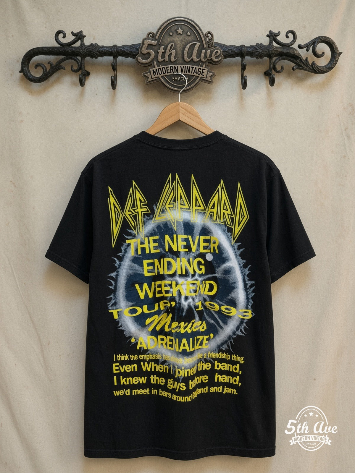 Def Leppard – The Never Ending Weekend Tour 1993 – All Over Print – Vintage Band T-Shirt — back on locked cream ornate 5th Ave rack