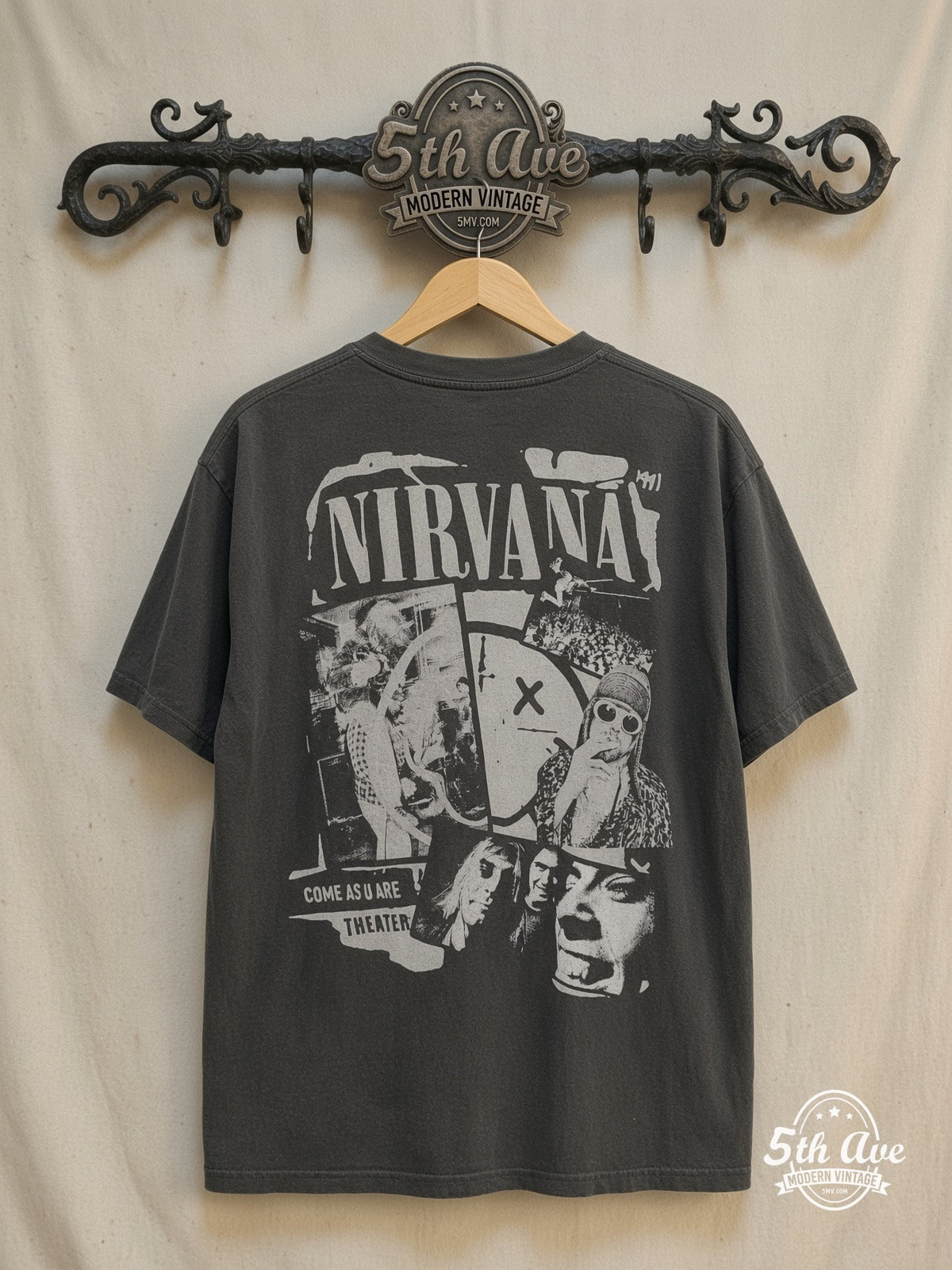 Nirvana – Nevermind Four-Panel Kurt Leopard Grid – Vintage Band T-Shirt — back on locked cream ornate 5th Ave rack