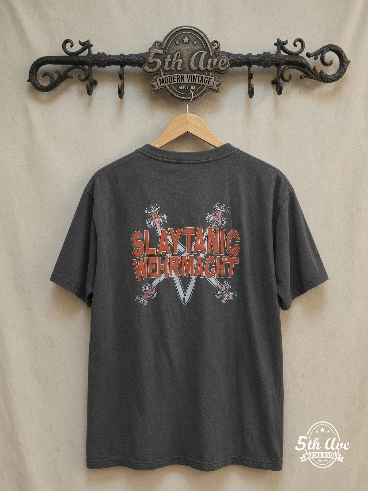 Slayer – Slaytanic Wehrmacht Helmet Skull – Vintage Band T-Shirt — back on locked cream ornate 5th Ave rack