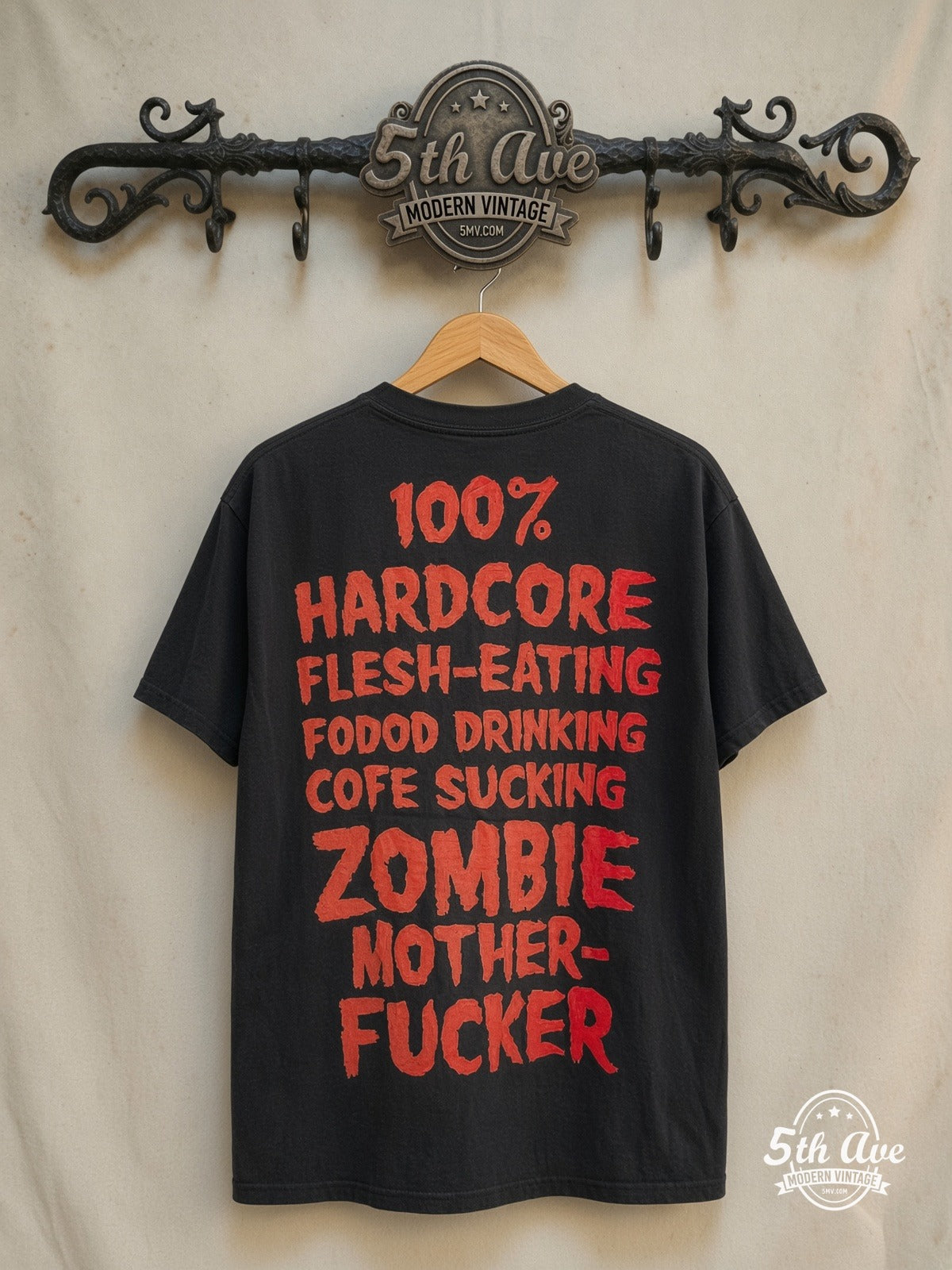 Rob Zombie – 100% Hardcore Zombie – All Over Print – Vintage Band T-Shirt — back on locked cream ornate 5th Ave rack