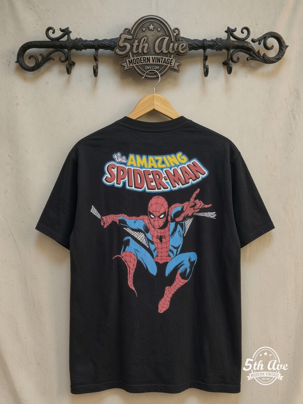 Spider-Man – Vintage Graphic Tee — back on locked cream ornate 5th Ave rack