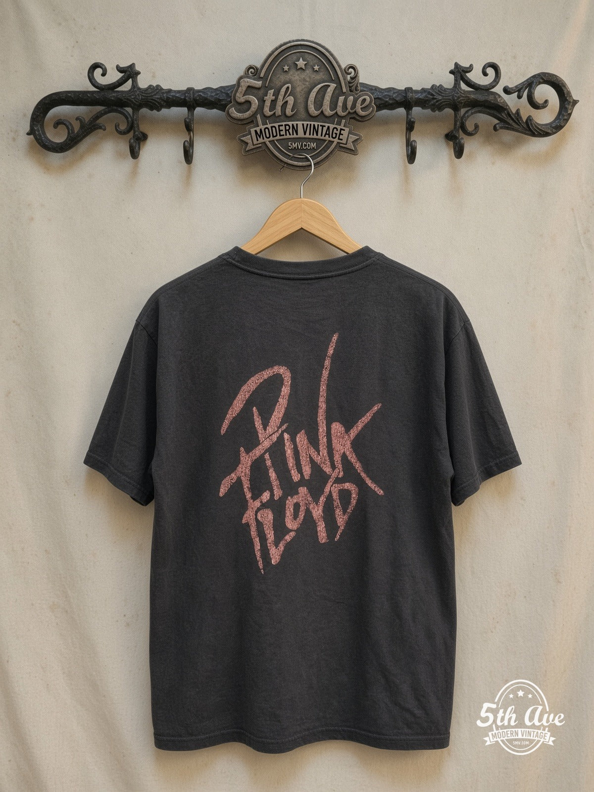 Pink Floyd – Wall and Derby Figure – Vintage Band T-Shirt — back on locked cream ornate 5th Ave rack
