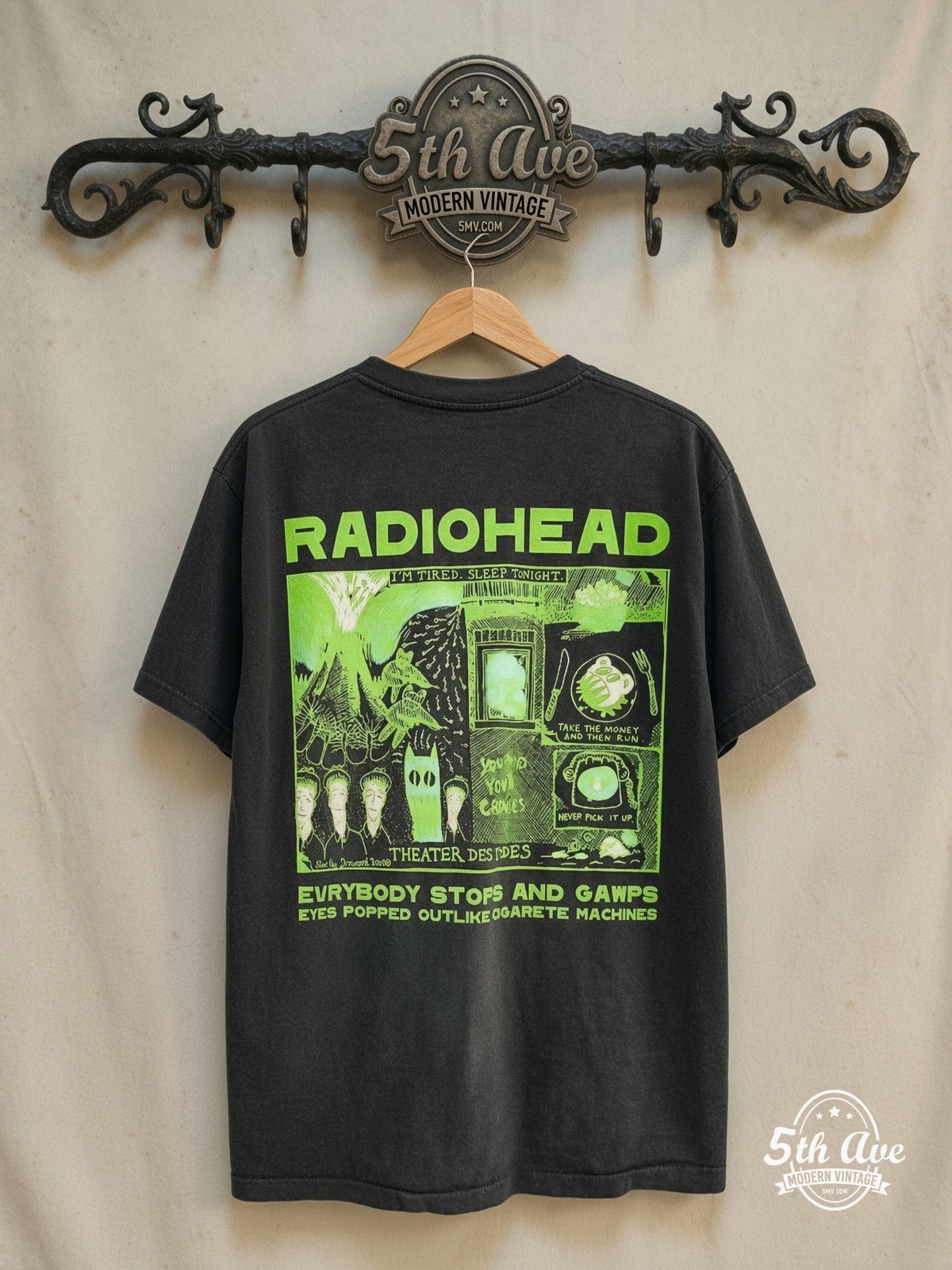 Radiohead – Fast Track – Vintage Band T-Shirt — back on locked cream ornate 5th Ave rack