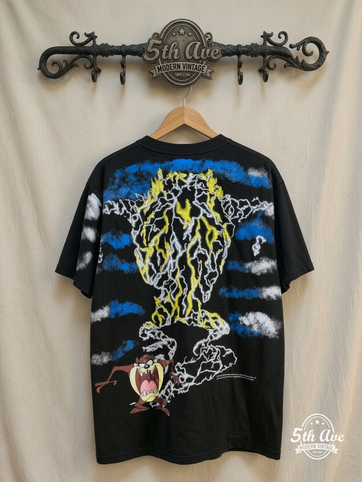 Looney Tunes – Taz-Mania Iconic Design – All Over Print – New Vintage Graphic Tee — back on locked cream ornate 5th Ave rack