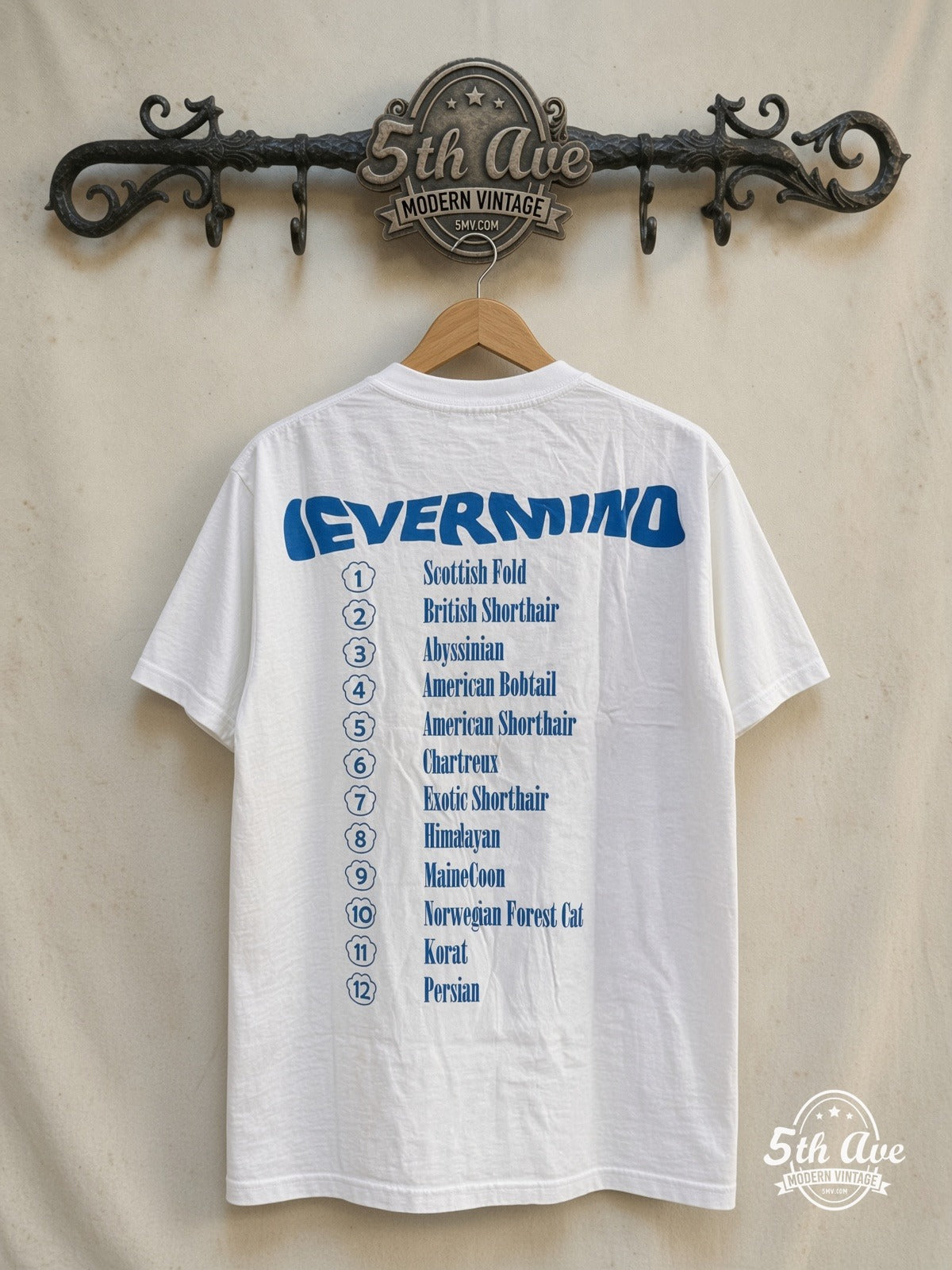 Nirvana – Nevermind Kitten Parody Cat Breeds White – Vintage Band T-Shirt — back on locked cream ornate 5th Ave rack