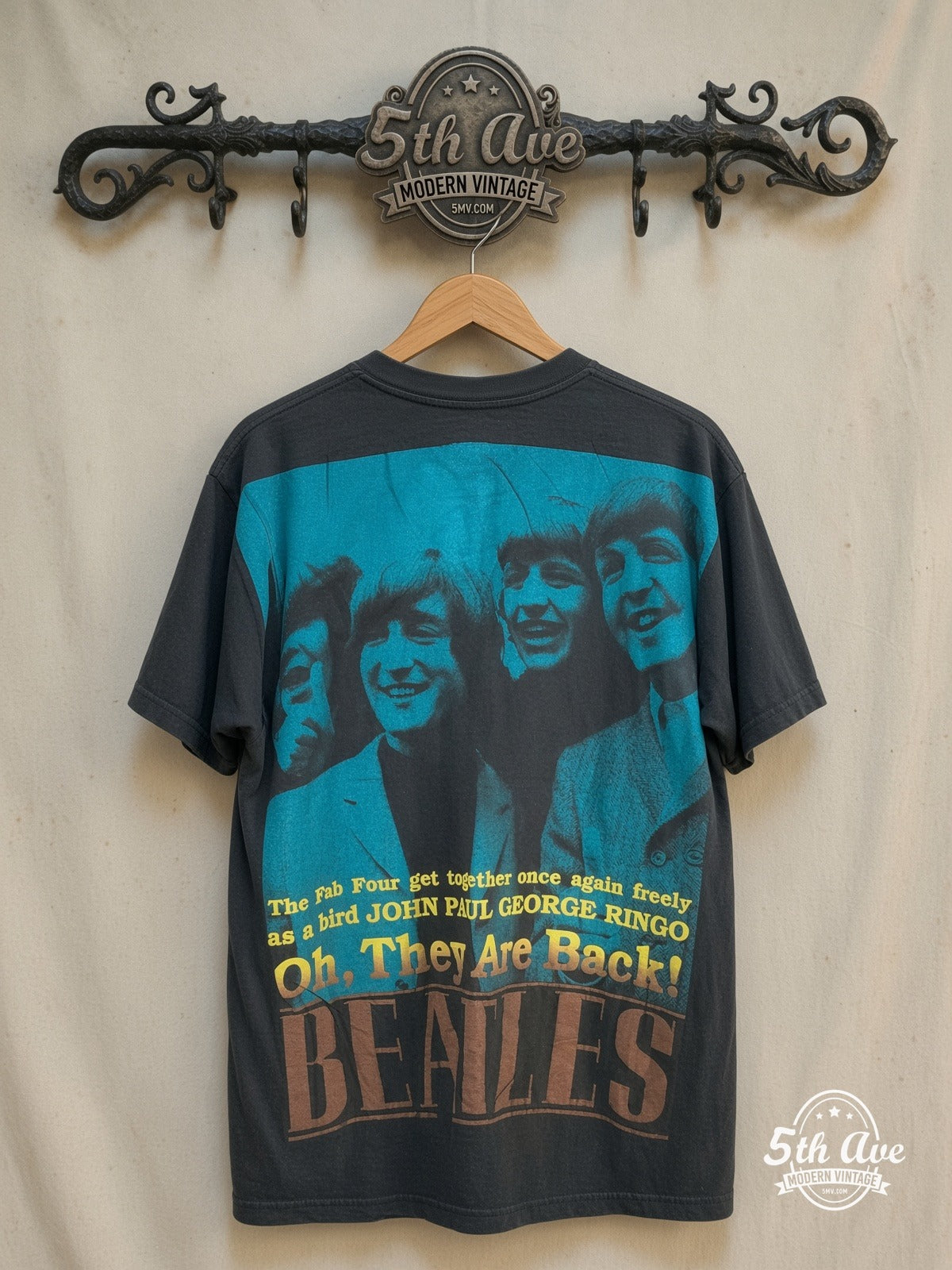 The Beatles – Oh They Are Back! – All Over Print – Vintage Band T-Shirt — back on locked cream ornate 5th Ave rack