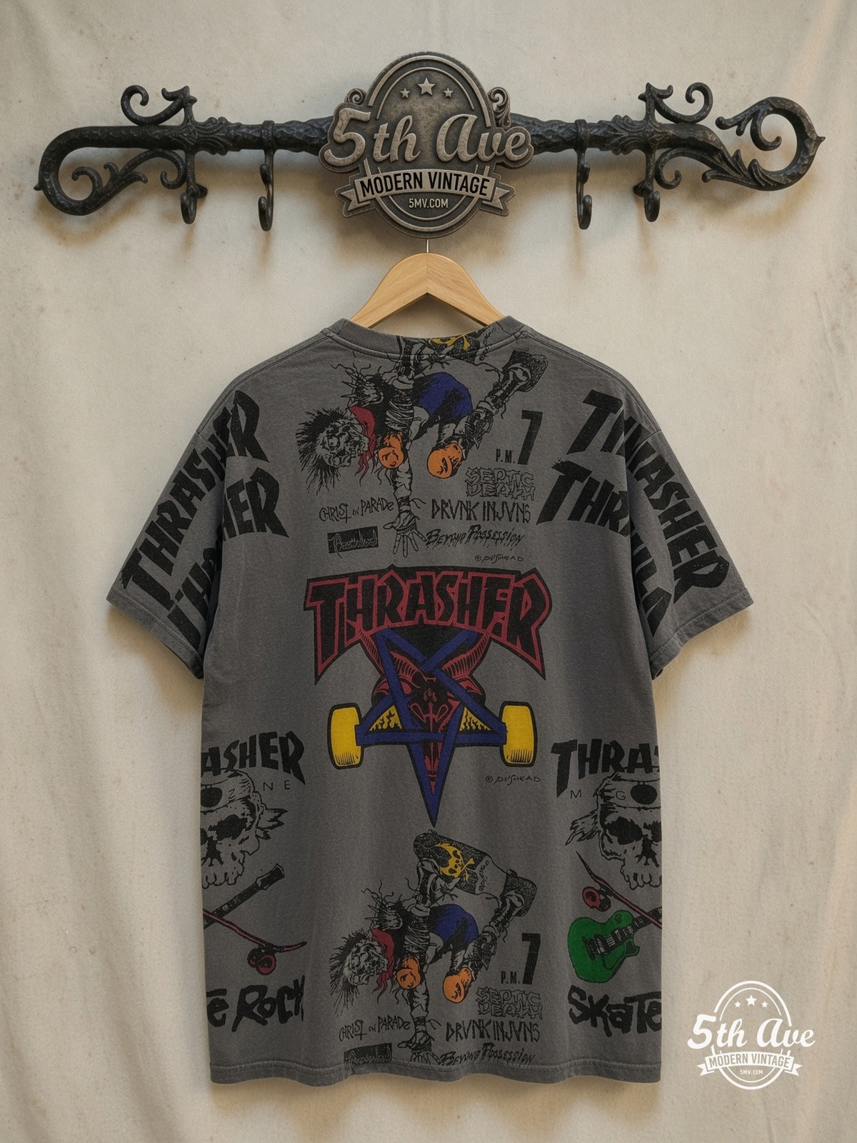 Thrasher Pushead Septic Death - AOP all over print New Vintage T-Shirt – Vintage Band T-Shirt — back on locked cream ornate 5th Ave rack