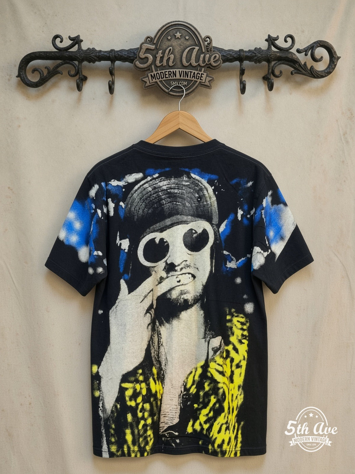 Nirvana – Kurt Cobain White Sunglasses Leopard Jacket All Over Print – Vintage Band T-Shirt — back on locked cream ornate 5th Ave rack