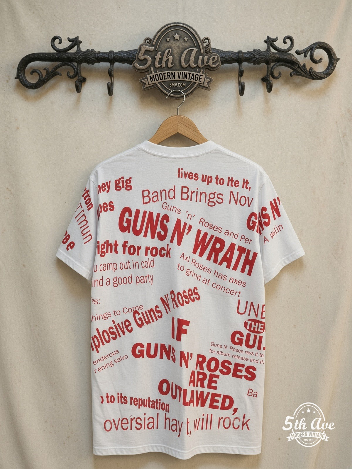 Guns N' Roses – DEAD Newspaper Headlines White All Over Print – Vintage Band T-Shirt — back on locked cream ornate 5th Ave rack