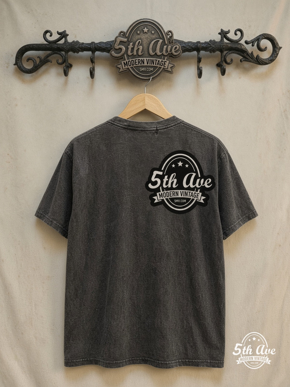 Nirvana – Yellow Logo Smiley Band Photo – Vintage Band T-Shirt — back on locked cream ornate 5th Ave rack