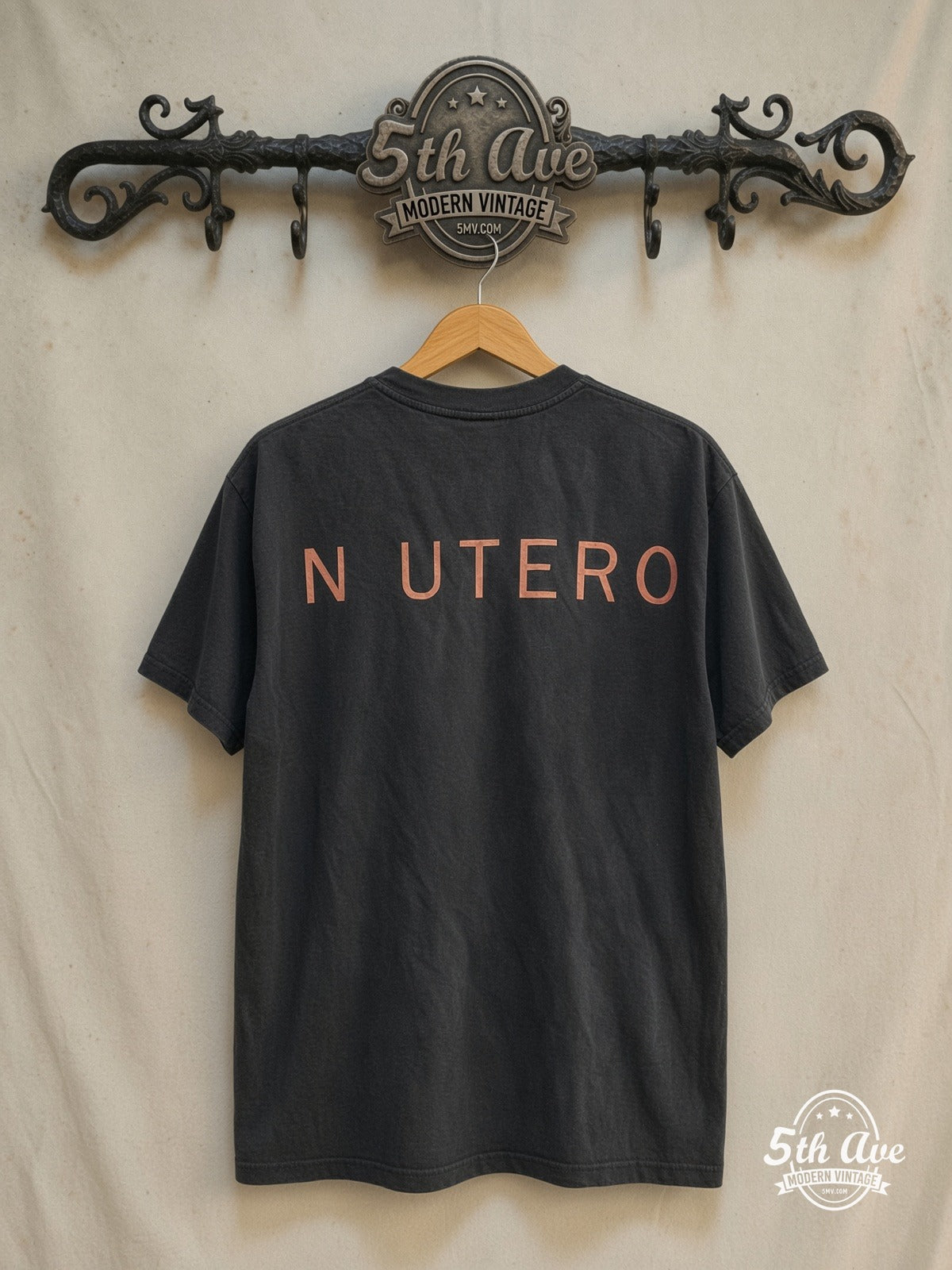 Nirvana – In Utero Copper Logo Front-Back Angel – Vintage Band T-Shirt — back on locked cream ornate 5th Ave rack