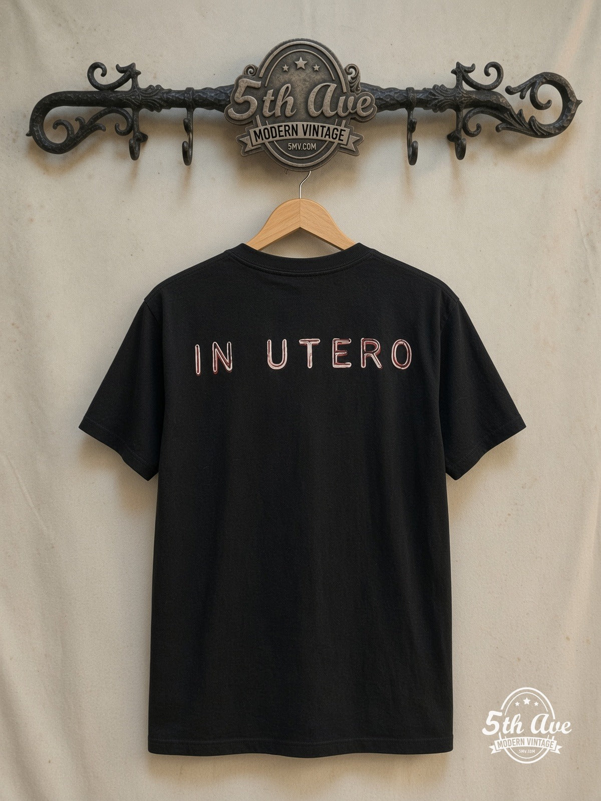 Nirvana – In Utero Red Block Logo Color Anatomical Angel – Vintage Band T-Shirt — back on locked cream ornate 5th Ave rack