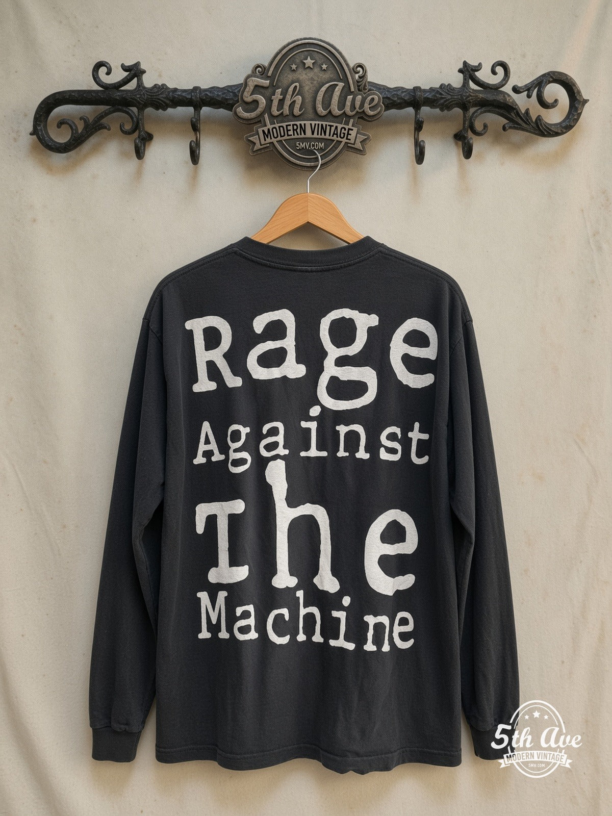 Rage Against the Machine – Burning Monk Classic Photo – Long Sleeve Vintage Band T-Shirt — back on locked cream ornate 5th Ave rack