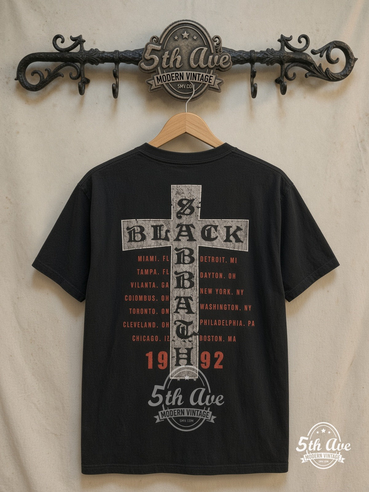 Black Sabbath – The Last Supper 1992 – Vintage Band T-Shirt — back on locked cream ornate 5th Ave rack