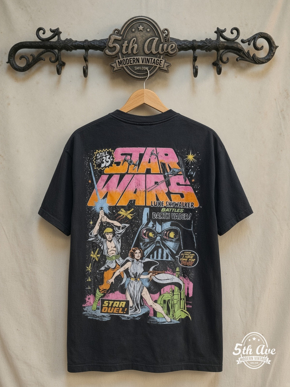 Star Wars – Luke Skywalker' battles 'Darth Vader – Vintage Movie Tee — back on locked cream ornate 5th Ave rack