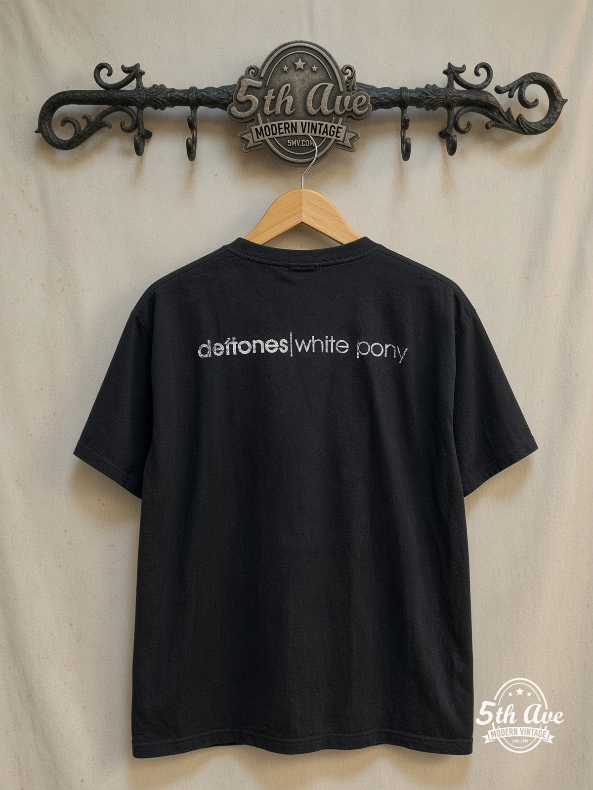 Deftones – White Pony – Vintage Band T-Shirt — back on locked cream ornate 5th Ave rack