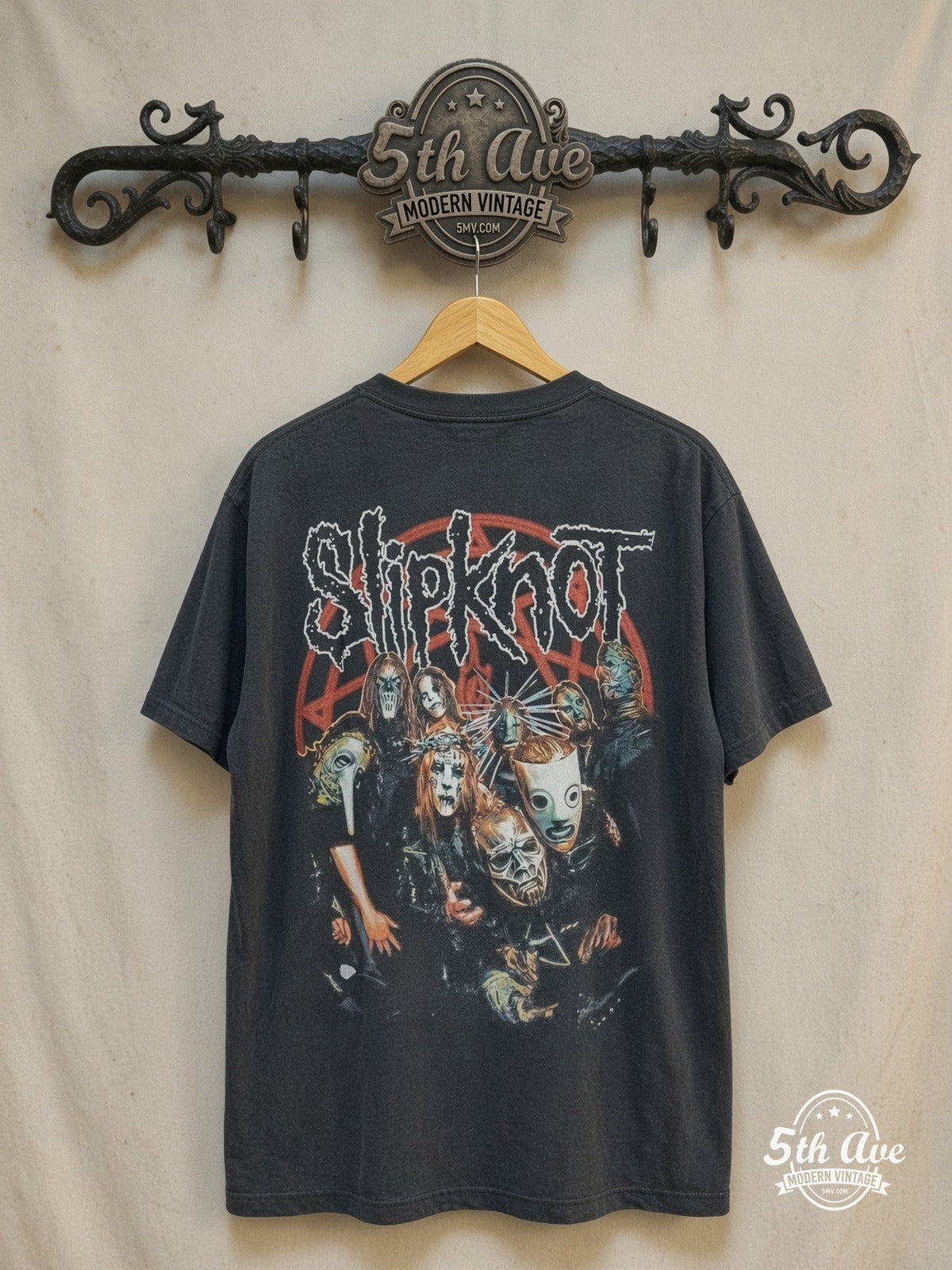Slipknot – Red Nonagram Masked Group Portrait – Vintage Band T-Shirt — back on locked cream ornate 5th Ave rack
