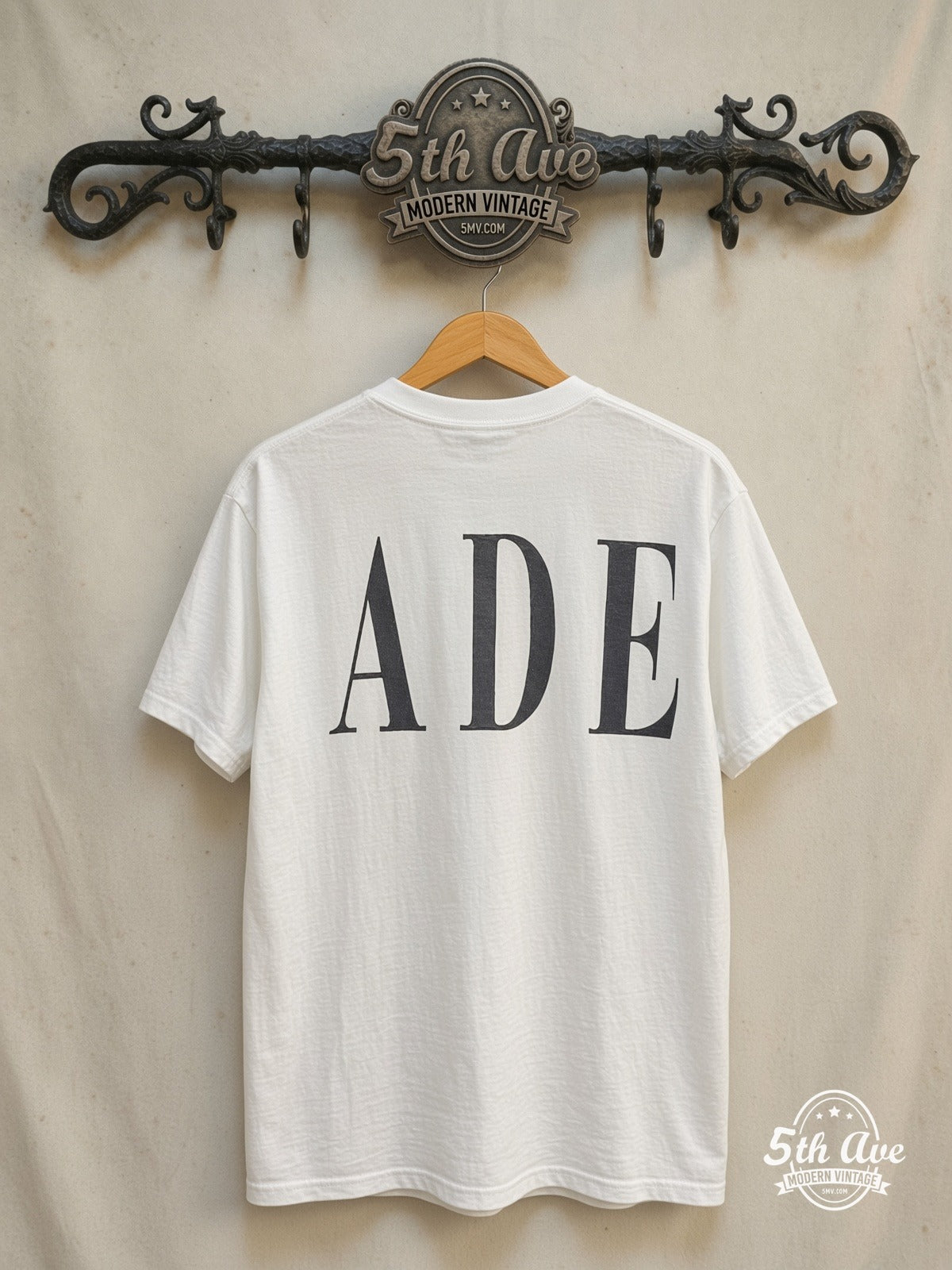 Sade – Queen of Cool Crossed Arms Denim White – Vintage Band T-Shirt — back on locked cream ornate 5th Ave rack
