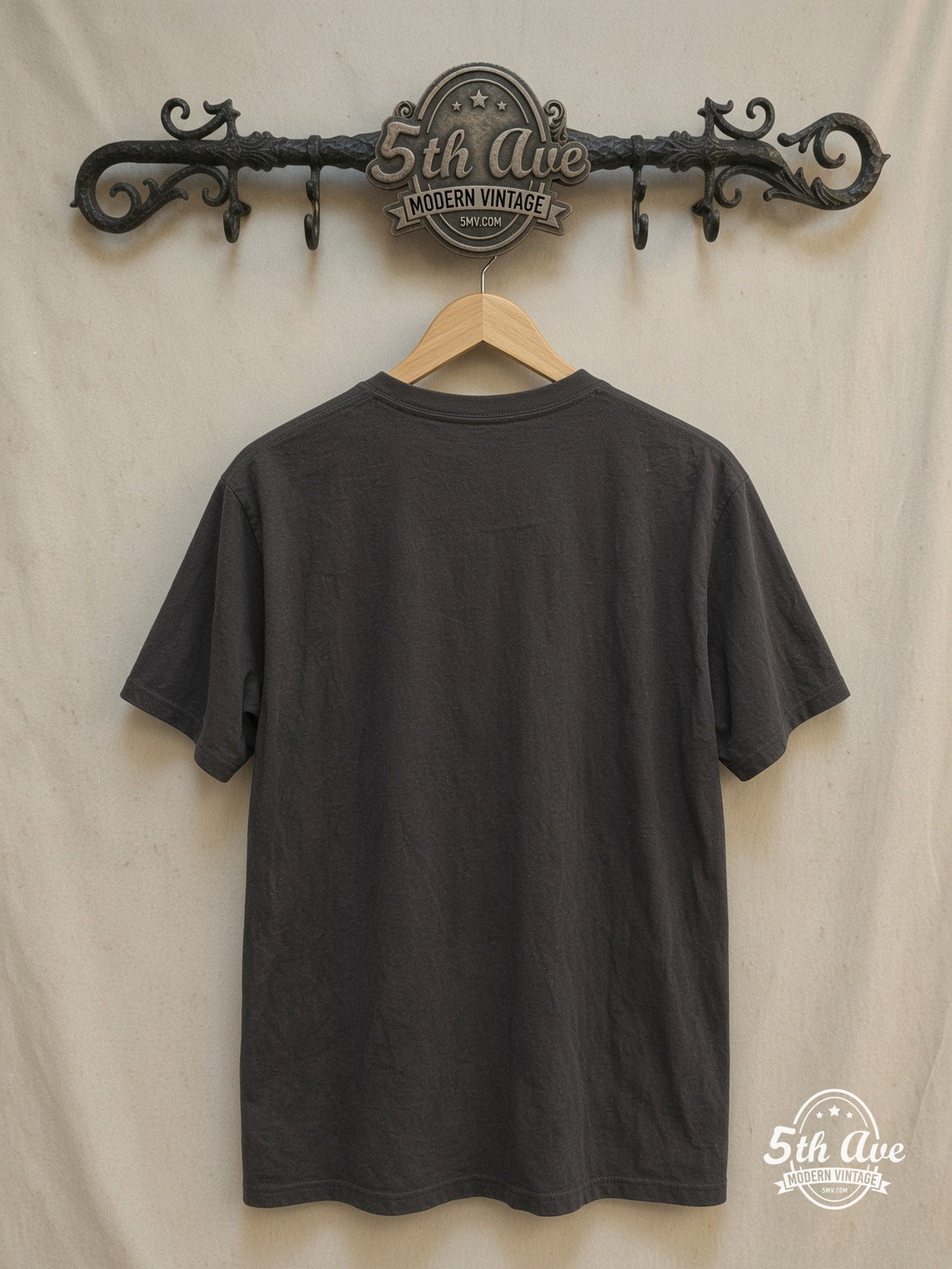 Riders on the Storm: Jim Morrison The Doors t shirt – Vintage Band T-Shirt — back on locked cream ornate 5th Ave rack