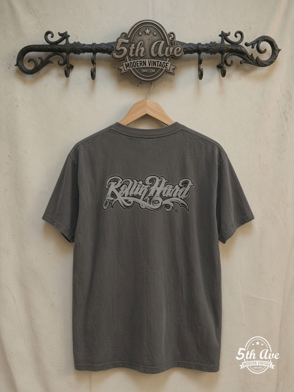 Heartbreaker - Rollin hard lowrider low rider car culture t shirt – Vintage Band T-Shirt — back on locked cream ornate 5th Ave rack