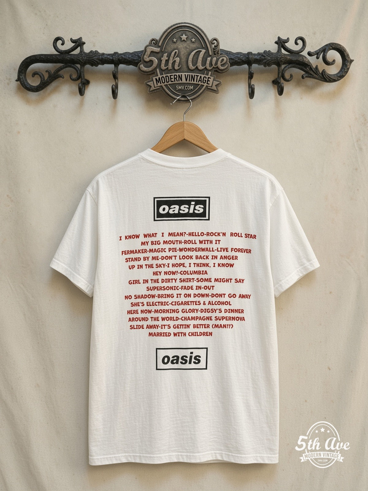 Oasis – Oasis Red Song List – Vintage Band T-Shirt — back on locked cream ornate 5th Ave rack