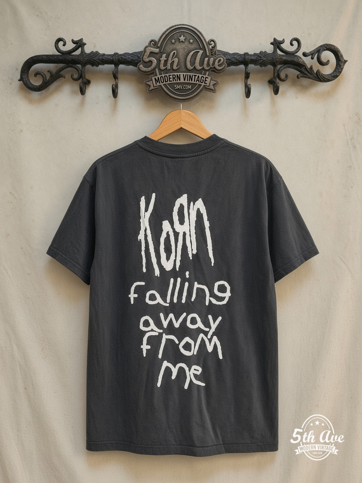 Korn – Falling Away from Me – Vintage Band T-Shirt — back on locked cream ornate 5th Ave rack