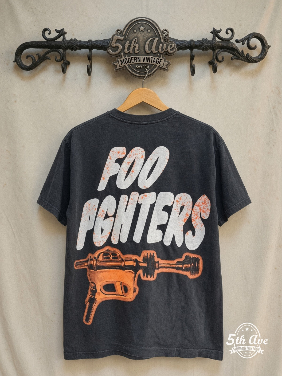 Foo Fighters – Exhausted – Vintage Band T-Shirt — back on locked cream ornate 5th Ave rack