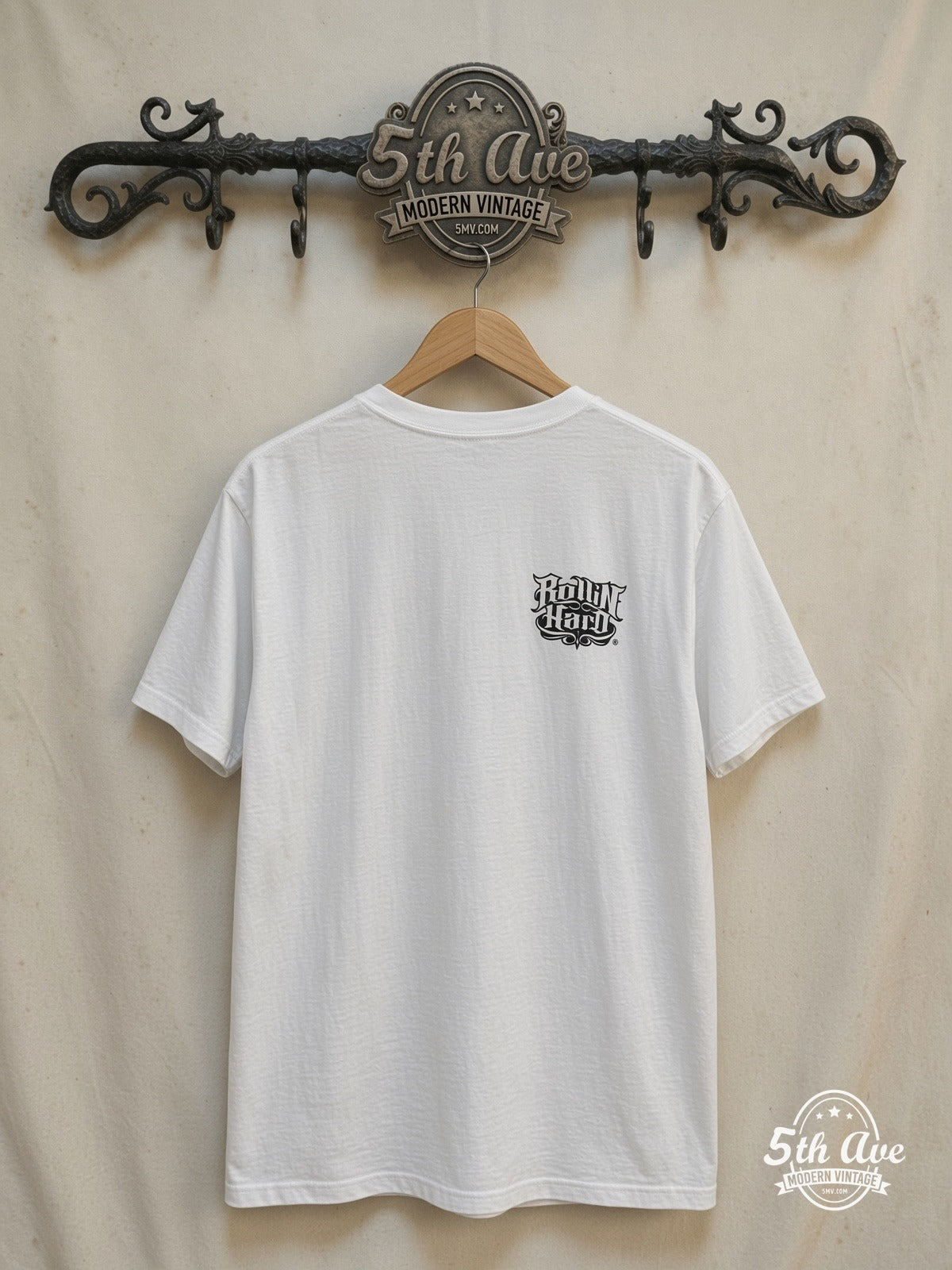 Rollin Hard – White-on-White Lowrider Dreams – Vintage Graphic Tee — back on locked cream ornate 5th Ave rack