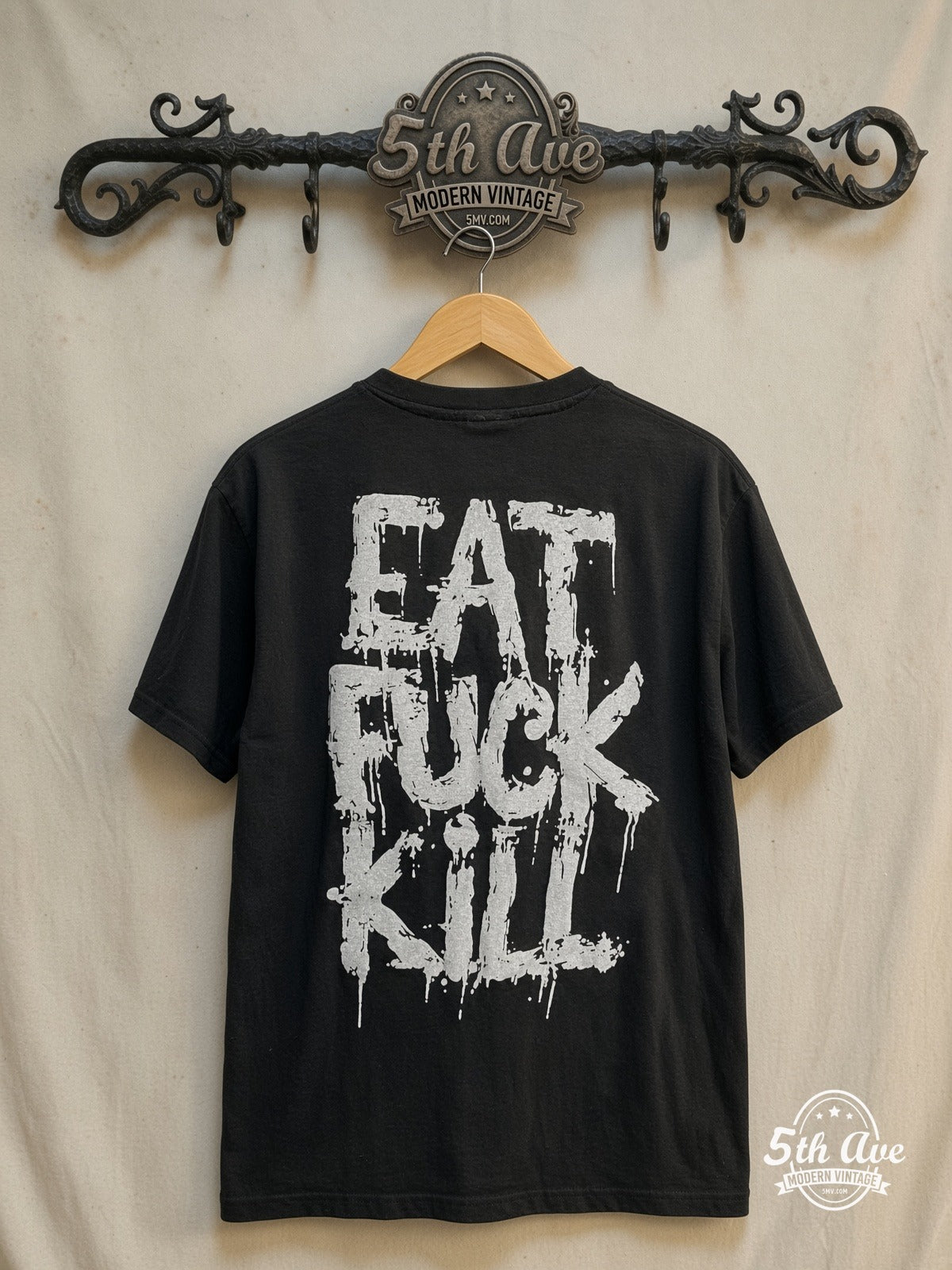 Skid Row – Eat Fuck Kill – Vintage Band T-Shirt — back on locked cream ornate 5th Ave rack