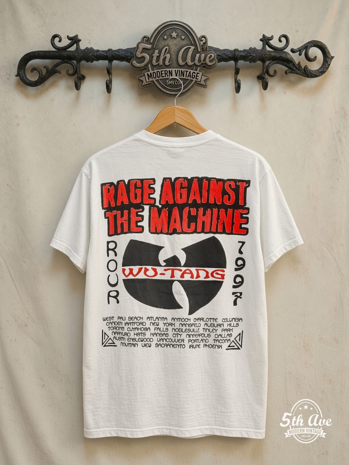 Rage Against the Machine x Wu-Tang Clan – Tour 1997 – Vintage Band T-Shirt — back on locked cream ornate 5th Ave rack