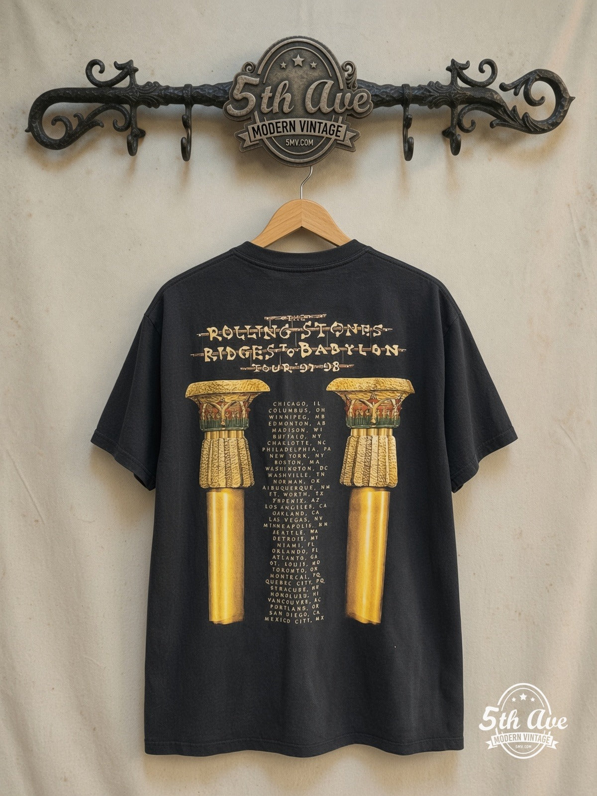 The Rolling Stones – Bridges to Babylon Tour 1997-1998 – Vintage Band T-Shirt — back on locked cream ornate 5th Ave rack