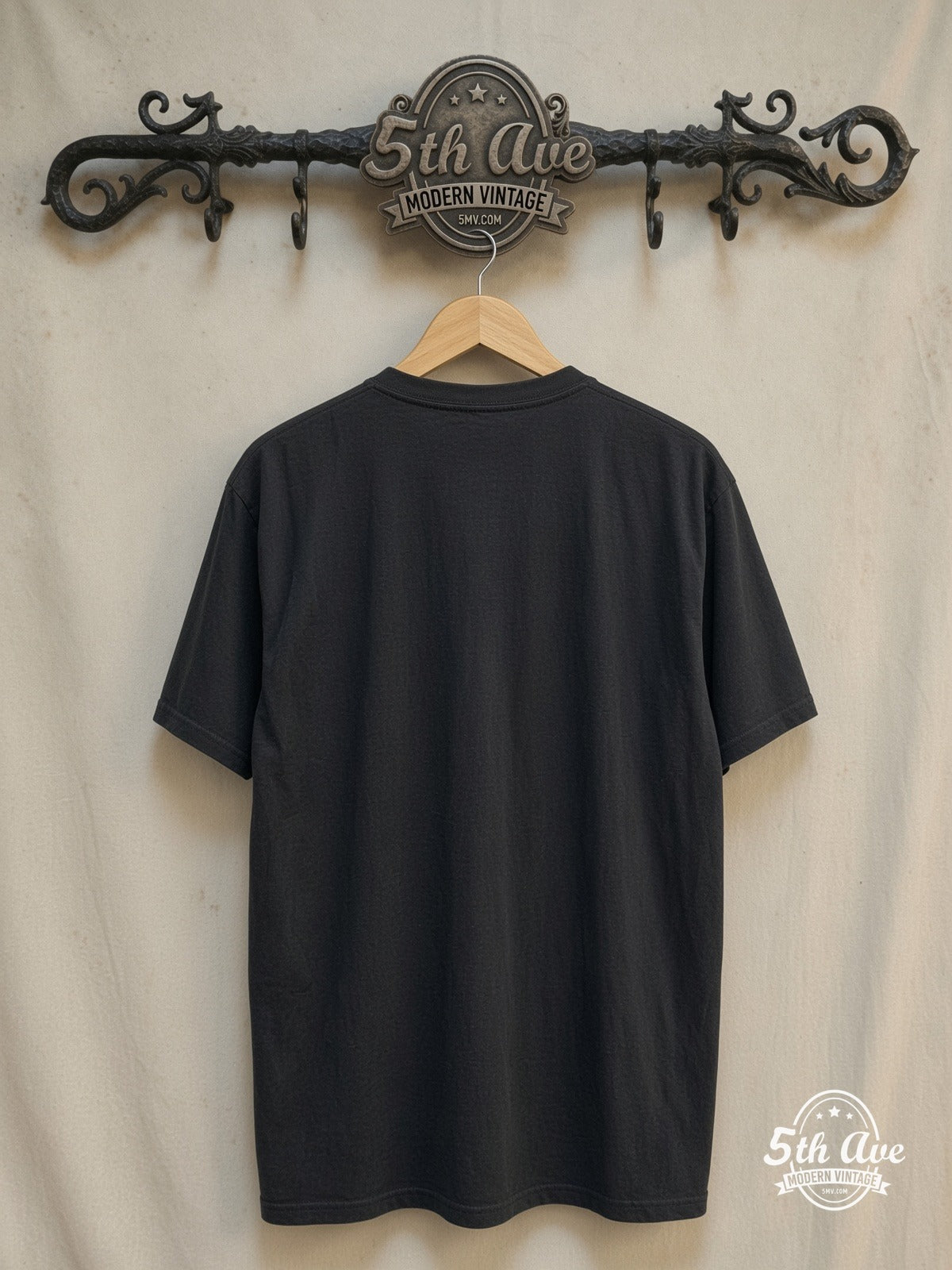 Metallica – Birth School Twin Skulls Snake Banner – Vintage Band T-Shirt — back on locked cream ornate 5th Ave rack