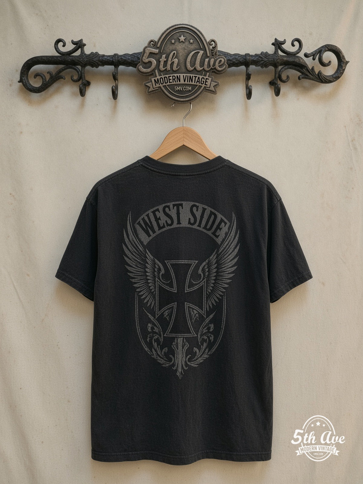 West Coast Choppers – Spiderweb Iron Cross West Side – Long Sleeve T-Shirt — back on locked cream ornate 5th Ave rack