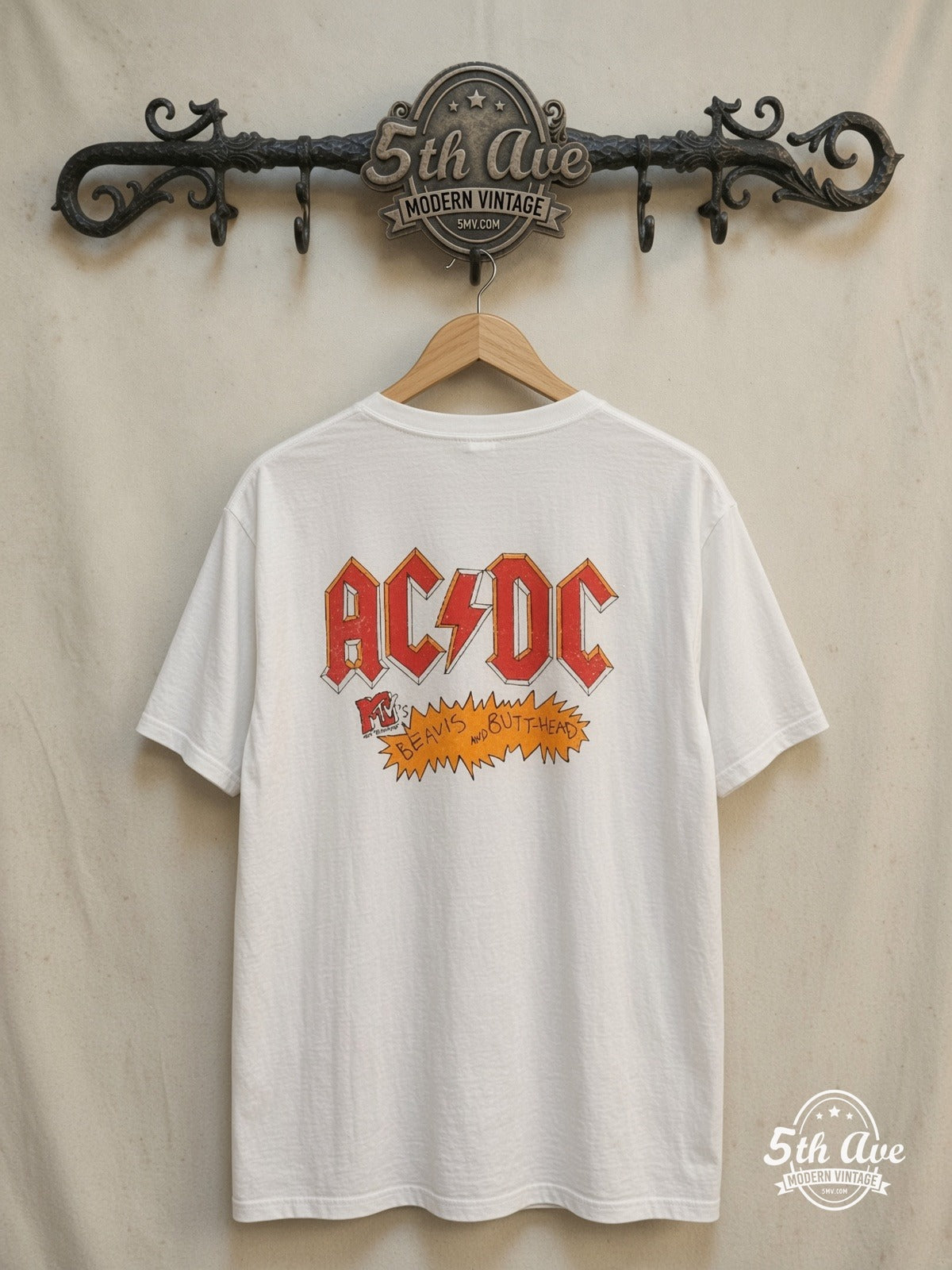 AC/DC / Beavis and Butt-Head – Cartoon Crossover – New Vintage Graphic Tee — back on locked cream ornate 5th Ave rack