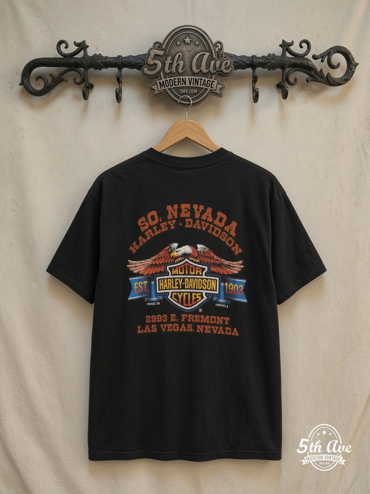 Harley-Davidson – Road Rebel So. Nevada – Vintage Graphic Tee — back on locked cream ornate 5th Ave rack