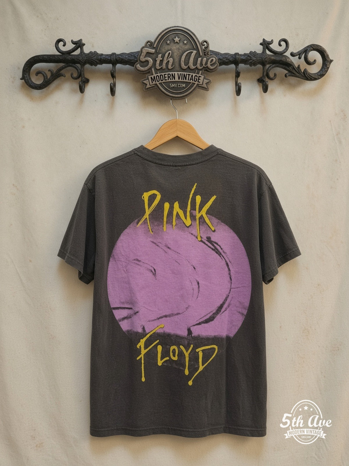 Pink Floyd – The Division Bell – Vintage Band T-Shirt — back on locked cream ornate 5th Ave rack