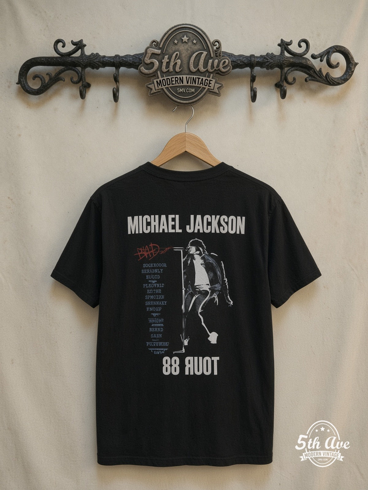 Michael Jackson Bad Tour T-Shirt — back on locked cream ornate 5th Ave rack