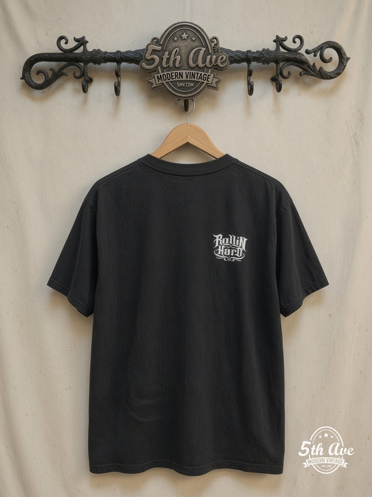 Rollin Hard – Low Rider Culture Tribute – Vintage Graphic Tee — back on locked cream ornate 5th Ave rack