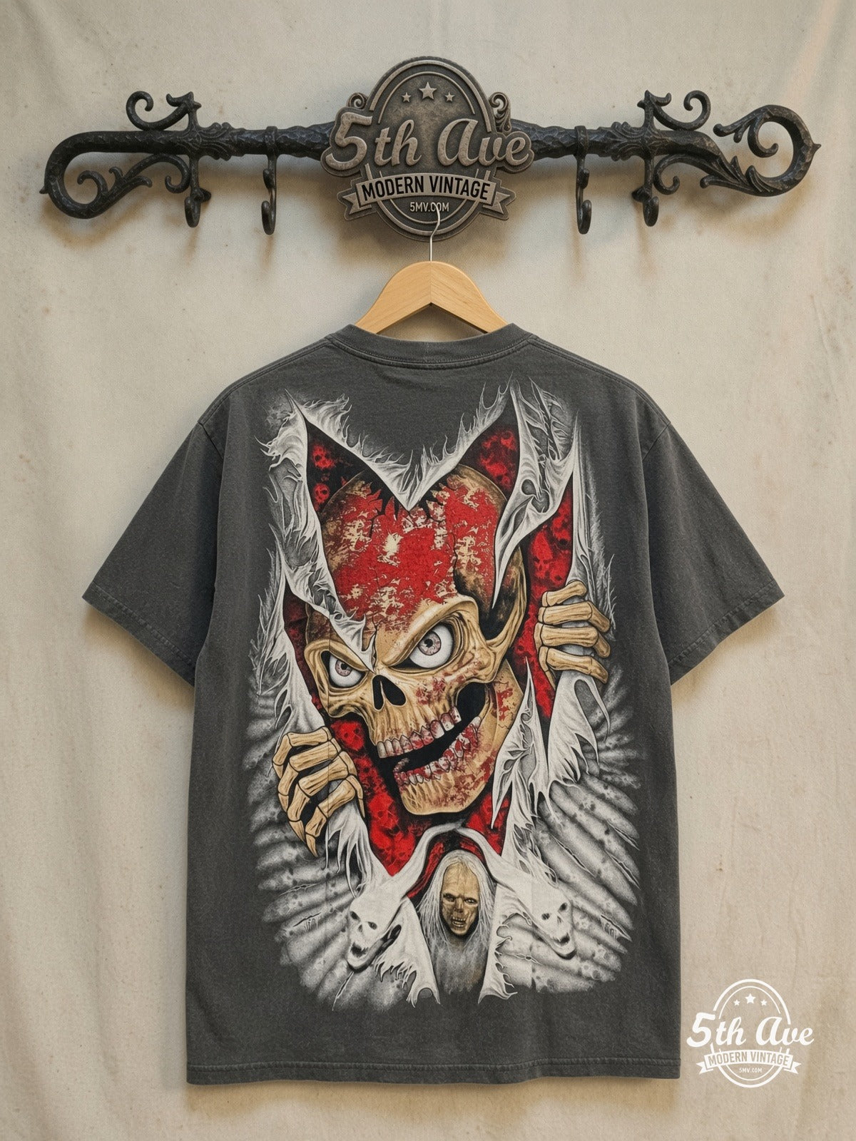Reaper and Skulls – All-Over Print Graphic – Vintage Graphic Tee — back on locked cream ornate 5th Ave rack