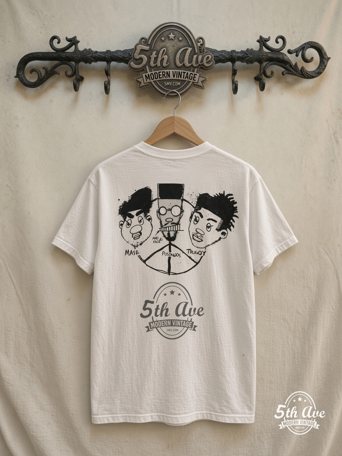 De La Soul – 3 Feet High and Rising – Vintage Band T-Shirt — back on locked cream ornate 5th Ave rack