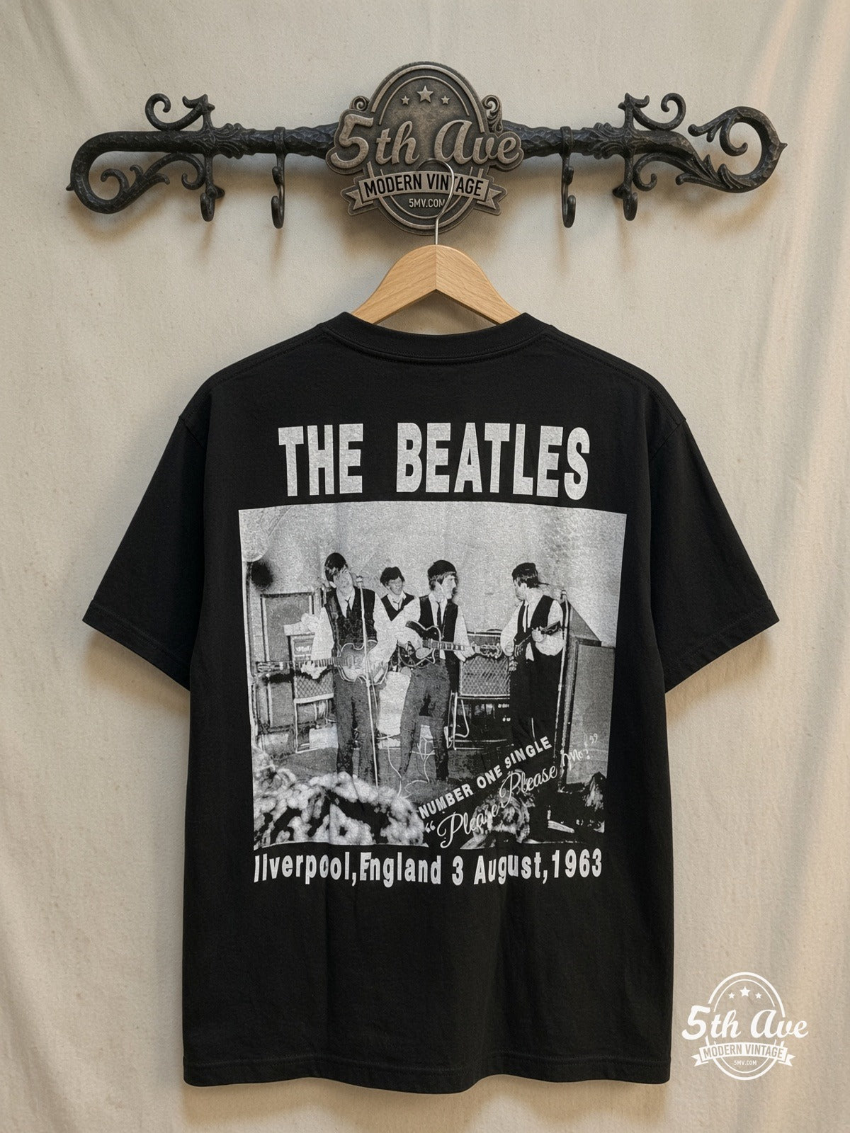 The Beatles – Yellow Border Early Suits Photo – Vintage Band T-Shirt — back on locked cream ornate 5th Ave rack