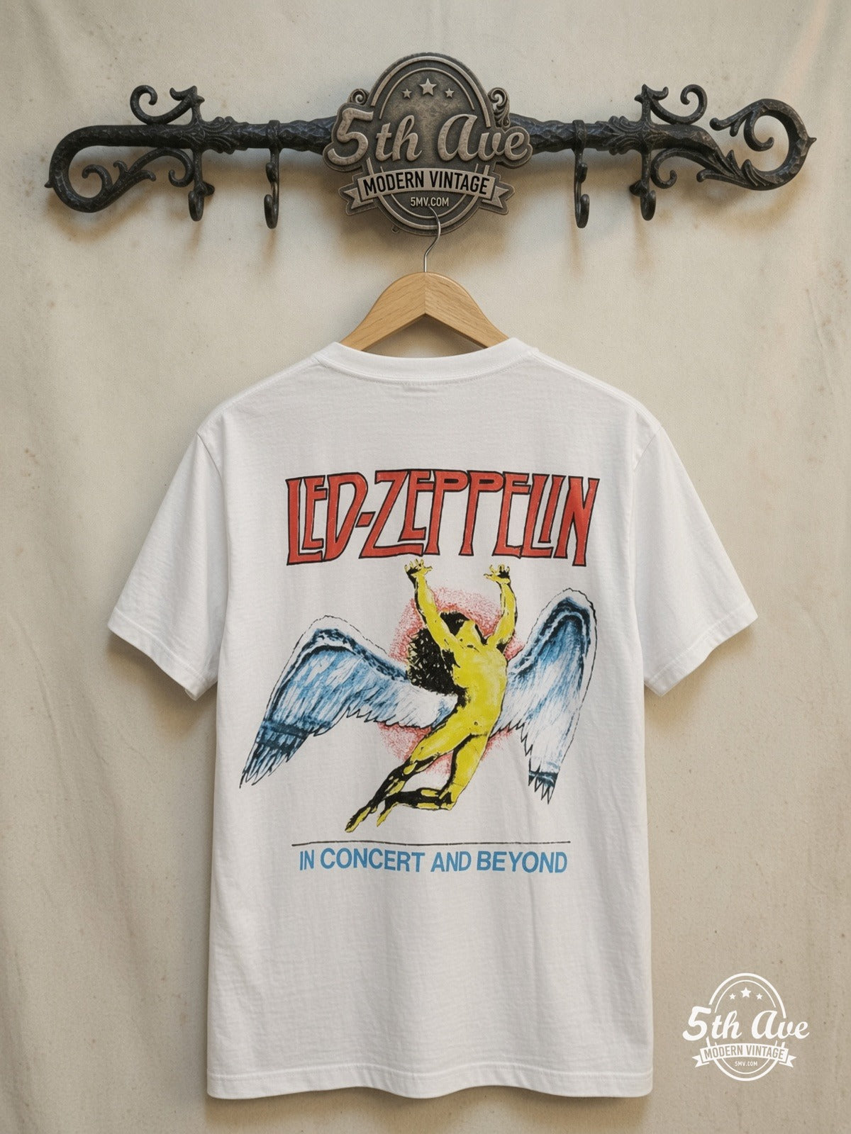 Jimmy Page – Portrait – Vintage Band T-Shirt — back on locked cream ornate 5th Ave rack