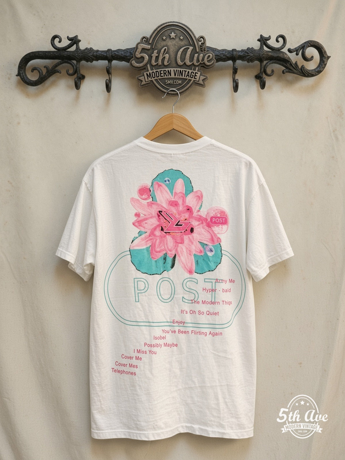 Björk – Bjork 'Post' the second studio album – Vintage Band T-Shirt — back on locked cream ornate 5th Ave rack