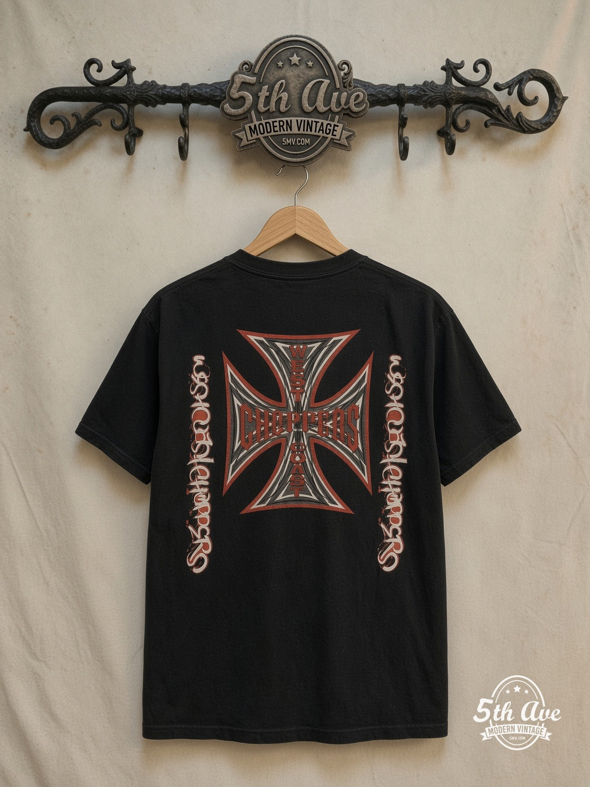 West Coast Choppers – Iron Cross Long Sleeve – Vintage Band T-Shirt — back on locked cream ornate 5th Ave rack