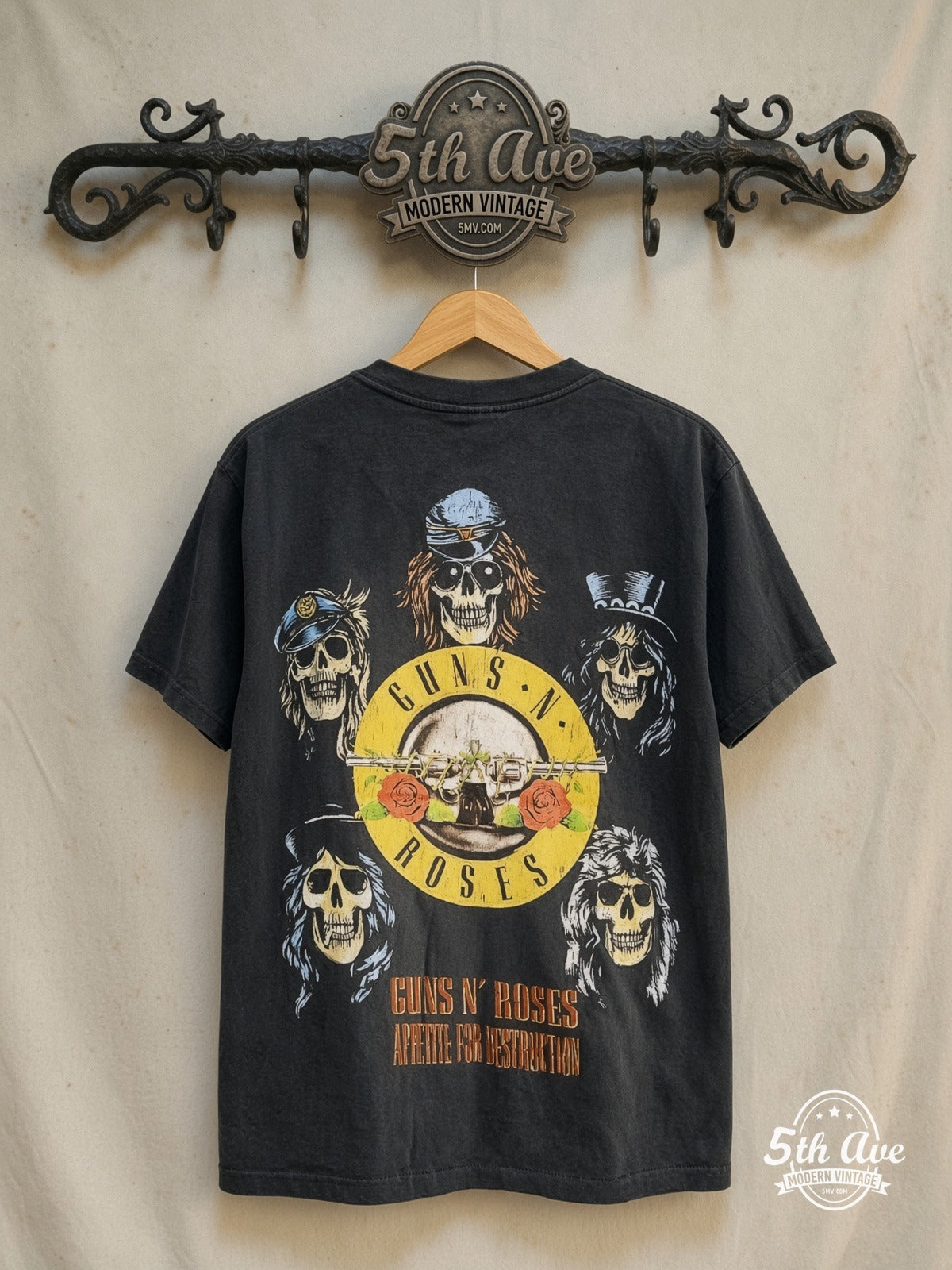 Guns N' Roses – Appetite Cross Skulls Bullet Logo – Vintage Band T-Shirt — back on locked cream ornate 5th Ave rack