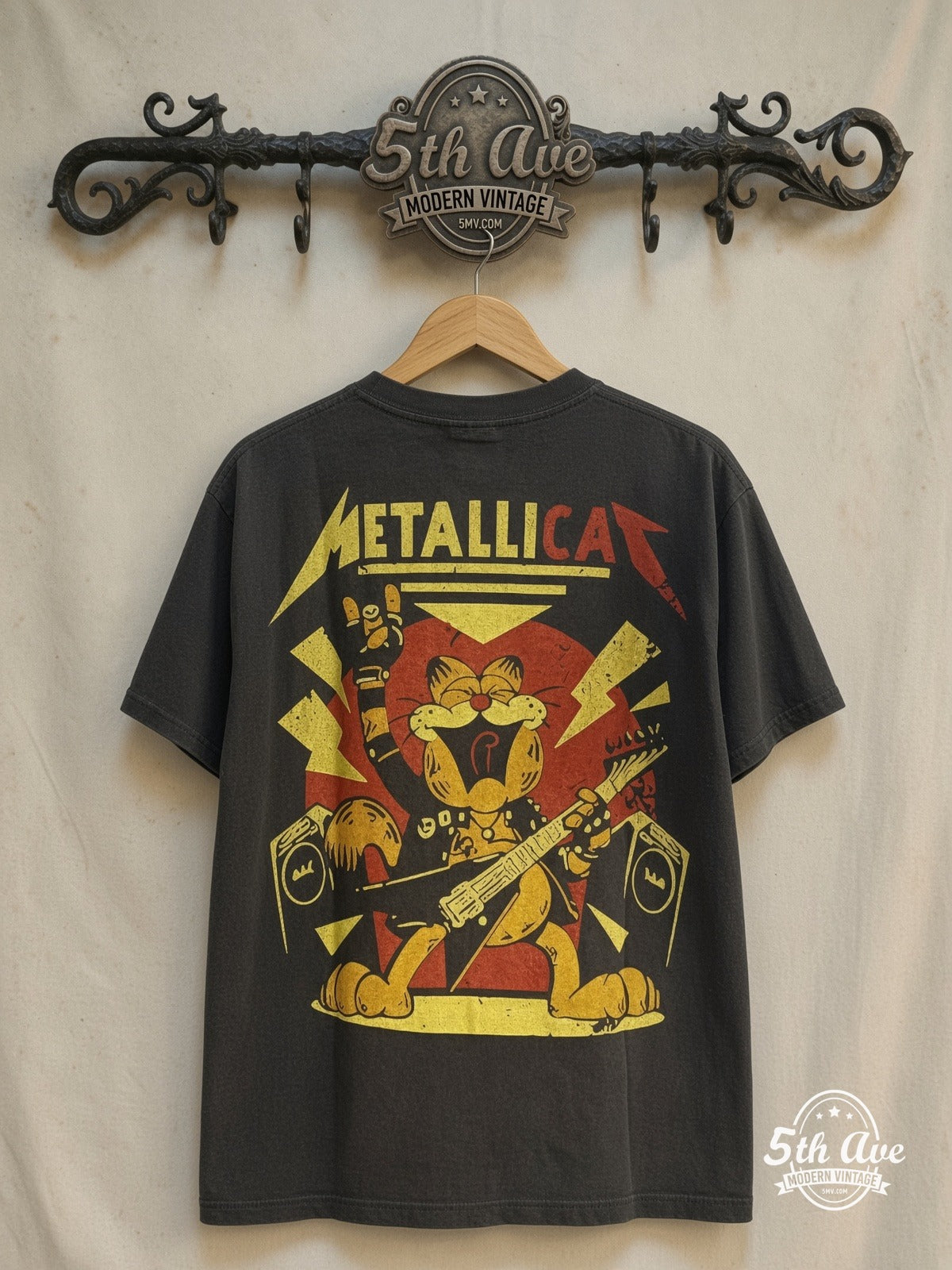 Metallica x Garfield – Metallicat – Vintage Band T-Shirt — back on locked cream ornate 5th Ave rack