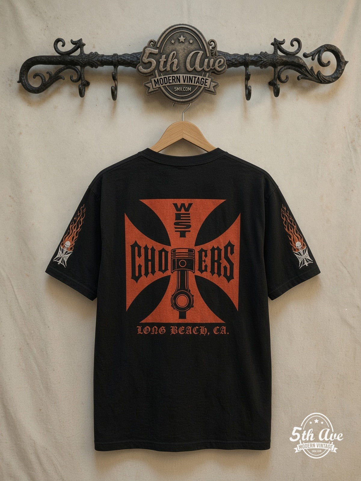 West Coast Choppers – Orange Iron Cross CFL Crown – Long Sleeve T-Shirt — back on locked cream ornate 5th Ave rack