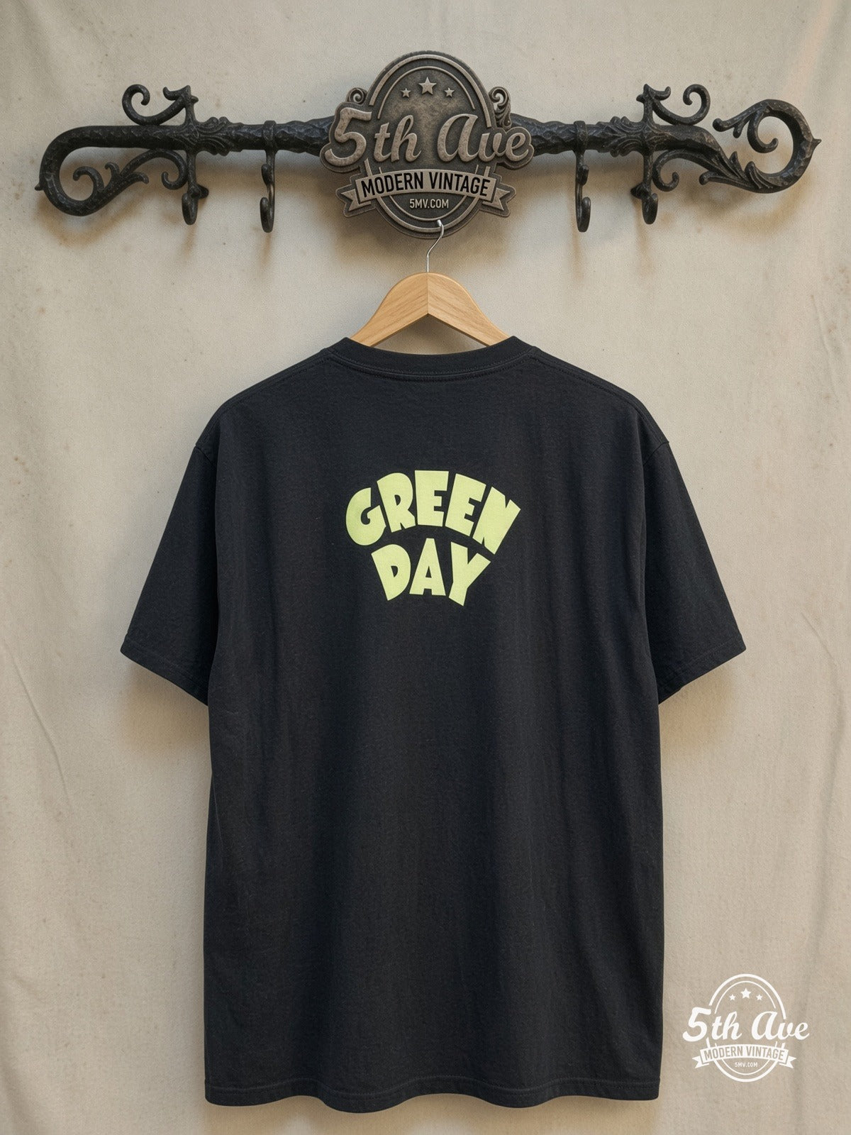 Green Day – Dookie Album Cover Bomber – Vintage Band T-Shirt — back on locked cream ornate 5th Ave rack